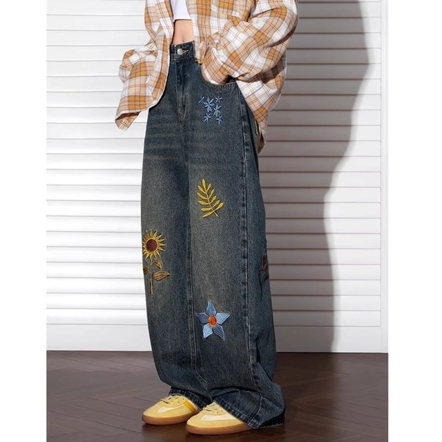 ボタニカルモチーフステッチワイドラインデニムパンツ 3col   R01865
