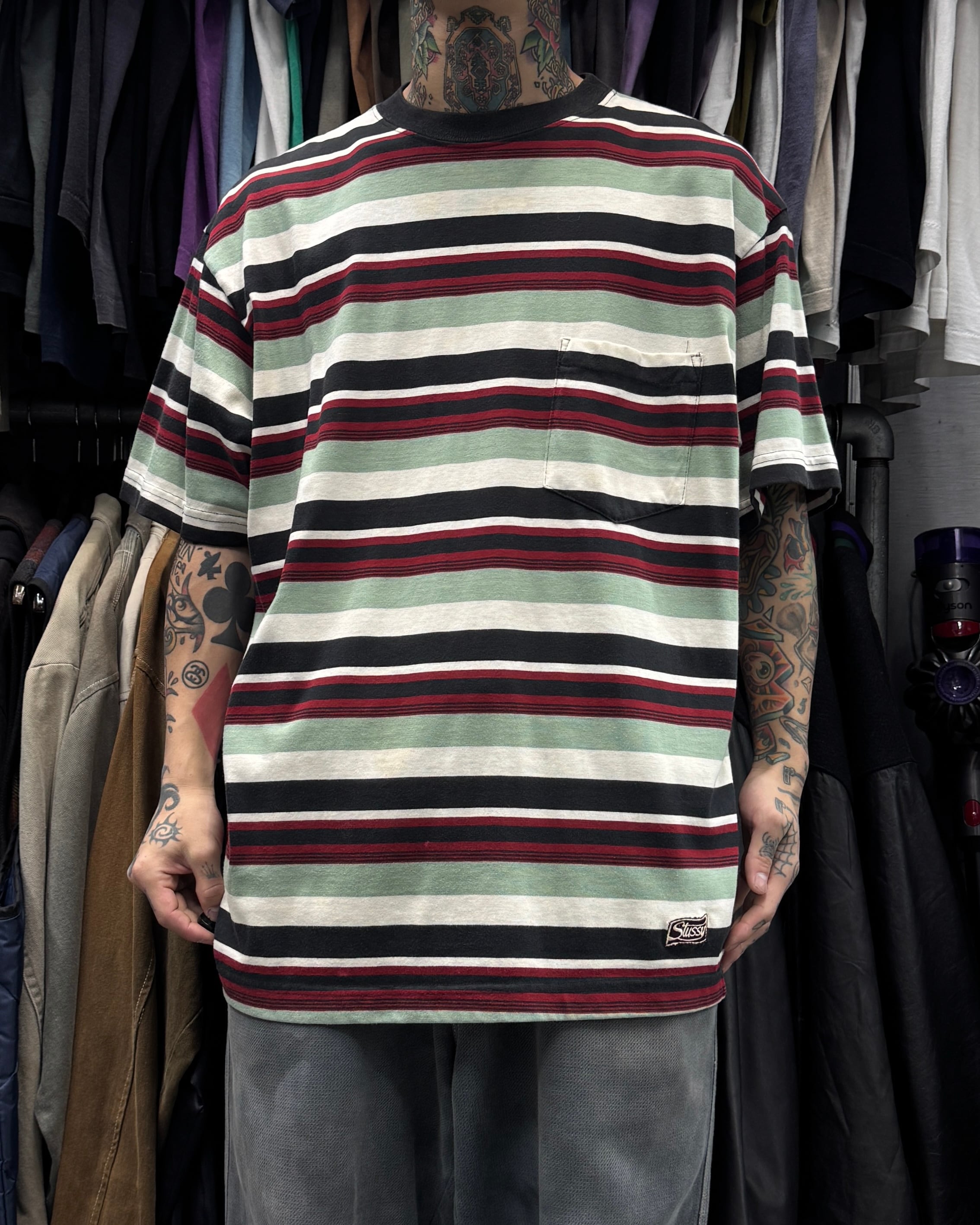 80's~90's old stussy Border Pocket Tee “総柄“ “黒タグ“ “ボーダー