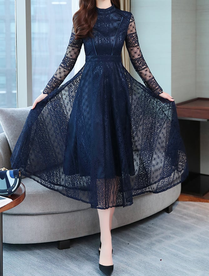 ドレス パーティードレス ミモレ丈ドレス 膝丈ドレス 膝丈 ひざ丈 膝下 ミモレ ミモレ丈 袖あり 7分袖 七分袖 長袖 Aライン タイト スリム レース 透け感 シースルー 大人可愛い きれいめ 上品 おしゃれ お洒落 個性的 クール 主役級 存在感 抜け感 お姫様 お嬢様 柄 10代 20代 レディース 女性用 デート お出かけ パーティー 韓国系 春 夏 秋 お呼ばれ サイズ M L XL 2XL 黒 ブラック くすみカラー モノトーン ダークブルー 紺色