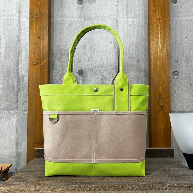 Bi Color Tote "L" / 内ポケット×5付 【ライム×グレーベージュ】