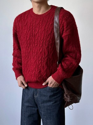 ケーブルクルーネックニット｜立体編みデザイン｜韓国ミニマル m0091