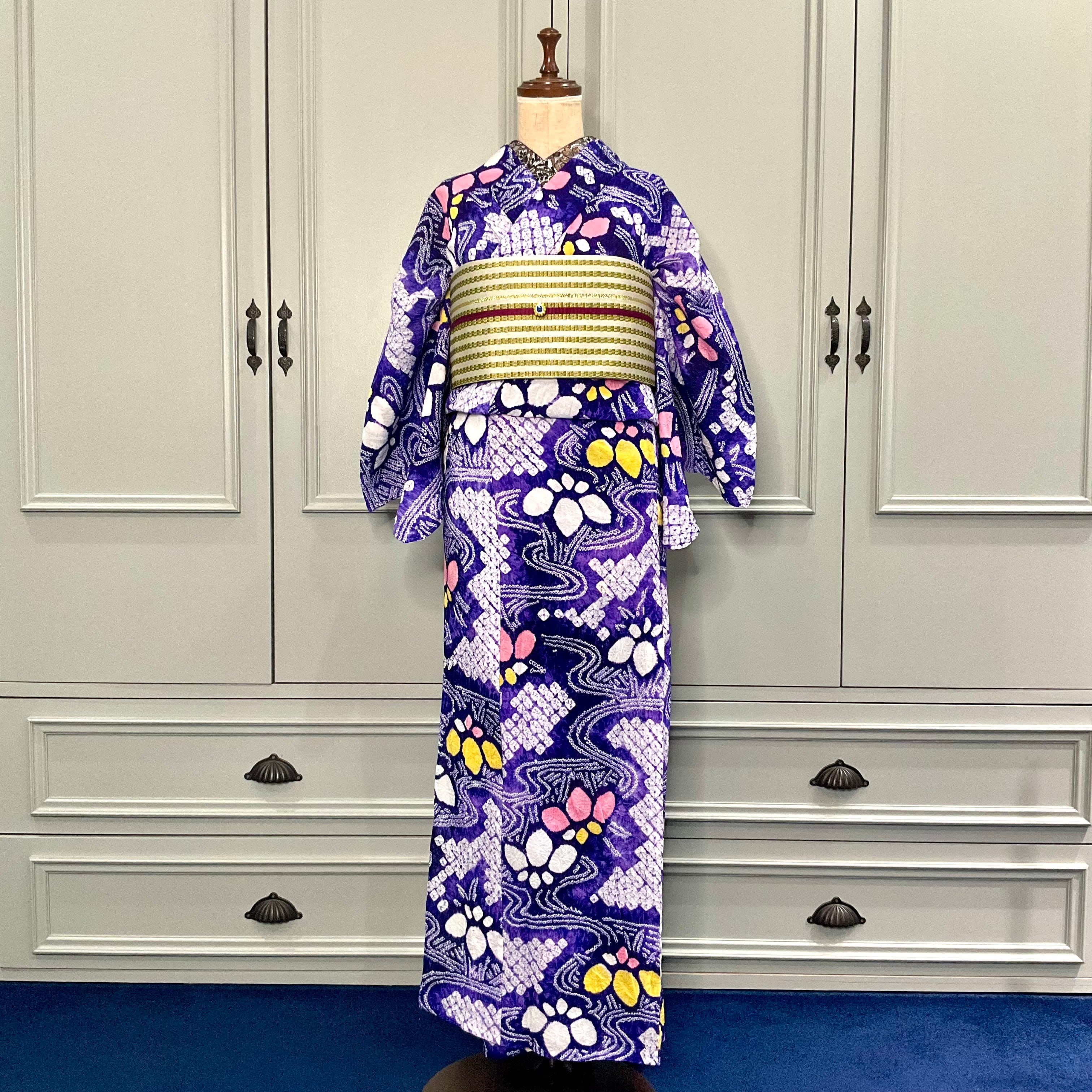 long＊Retro Iris＊花 あやめ 紫 有松鳴海絞り浴衣 B654 | kimono tento