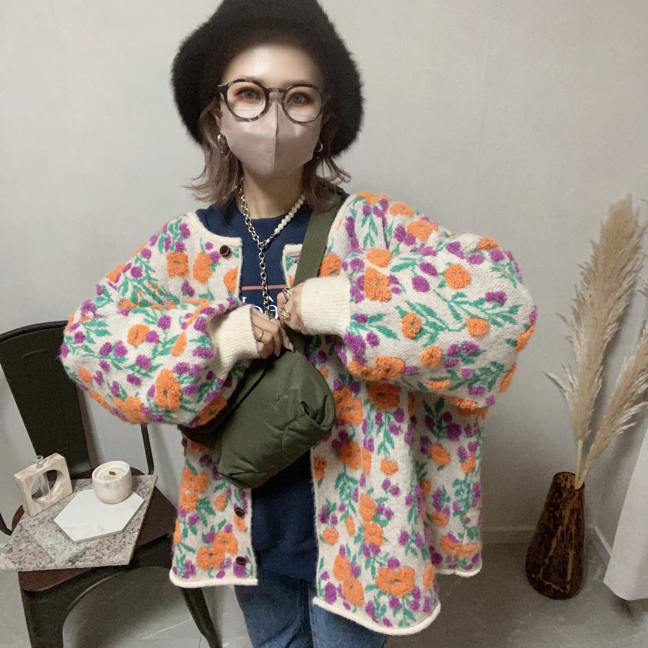 flower pattern mokomoko white knit CD