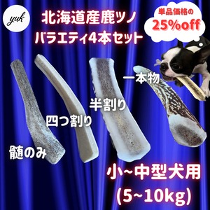 バラエティパック4本セット　小〜中型犬用　髄のみ＆四つ割り＆半割り＆一本物  蝦夷鹿のツノ　ワンちゃん用オモチャ　ドッグガム　鹿角　