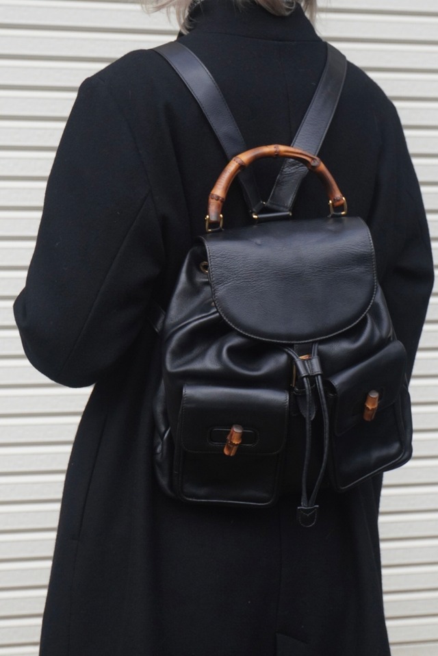 GUCCI グッチ バックパック ブラック バンブー レザー ダブルポケット リュック vintage ヴィンテージ オールド 5xx4xe