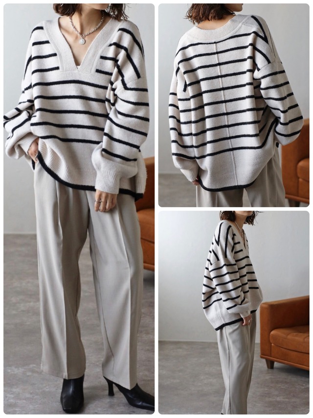 ディープVネックボーダーニット