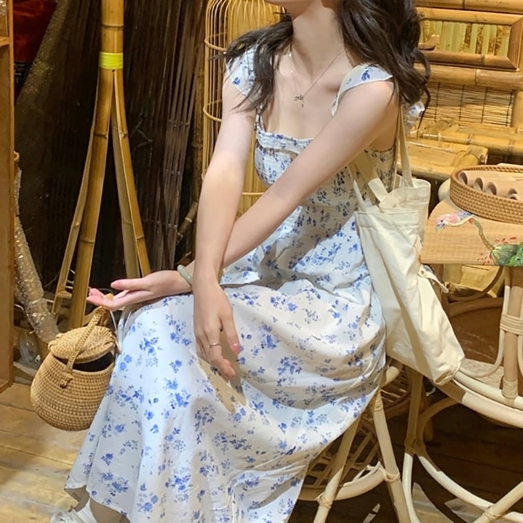 韓国 服 レディース ワンピース 花柄 青 ロングワンピース ベージュ ドレス