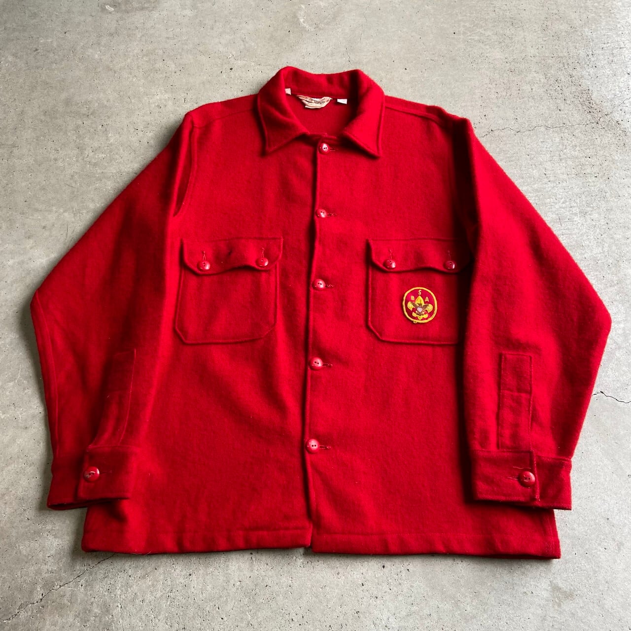 60s ヴィンテージ】ボーイスカウトウールシャツ 赤 フェルト牛 ワッペン L-