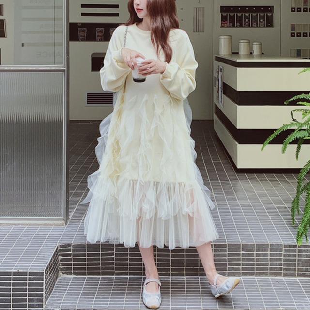 Mesh ruffle splicing dress【Pink/White】00137