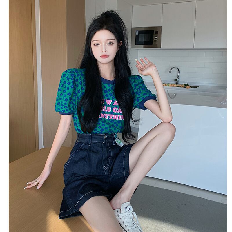 フローラルスリーブラウンドネックTシャツ 薄手ハイウェストウェストワイドレッグショーツ パンツ ブルマー 花柄 Oネック ワイドパンツ セブンプリンセス66495018083