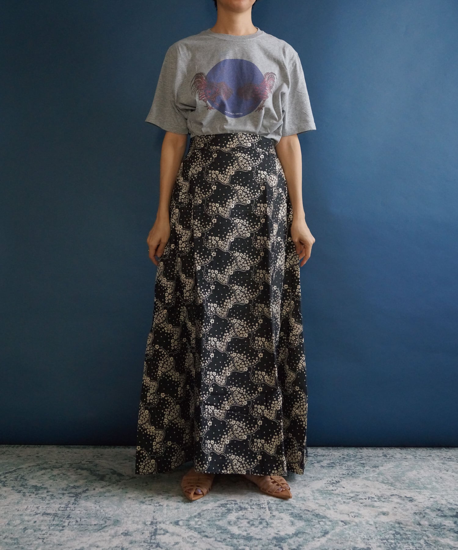【送料無料】70's black flower maxi skirt