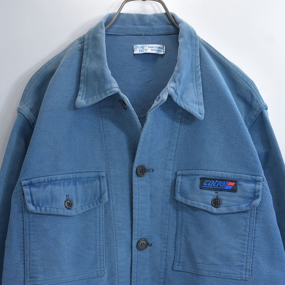 70~80s Cotral コトラル 4ポケット 企業ロゴ ワッペン ユーロ ワーク ジャケット カバーオール フェードブルー フレンチヴィンテージ ビンテージ ヨーロッパ古着 メンズL相当