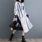アシンメトリーデザイン ストライプ柄 シャツワンピース 00090