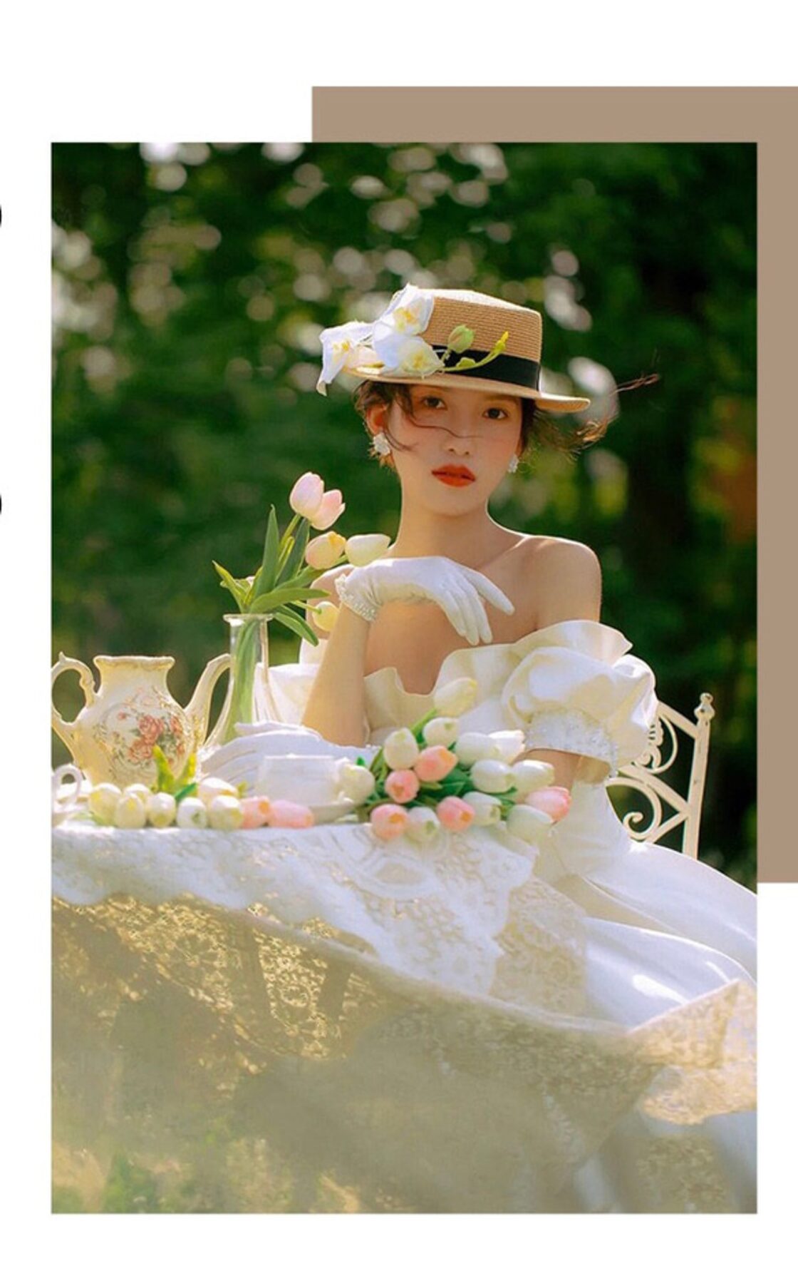 サテン フリルオフショルダー パフスリーブウエディングドレス | Pay ID 