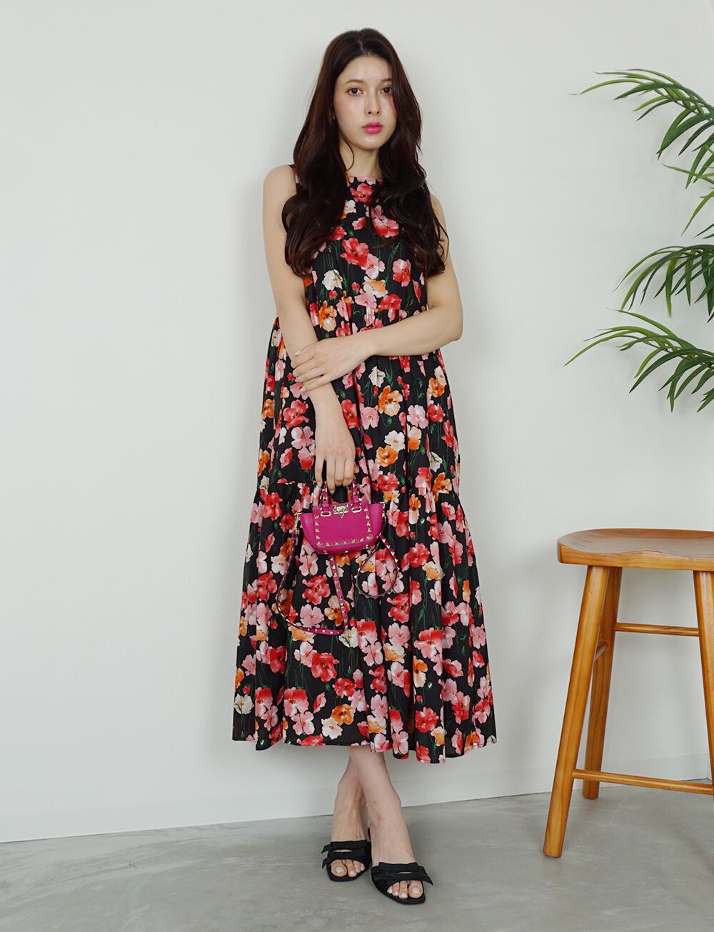 フラワーコットンティアードワンピース pink×black | amin pur