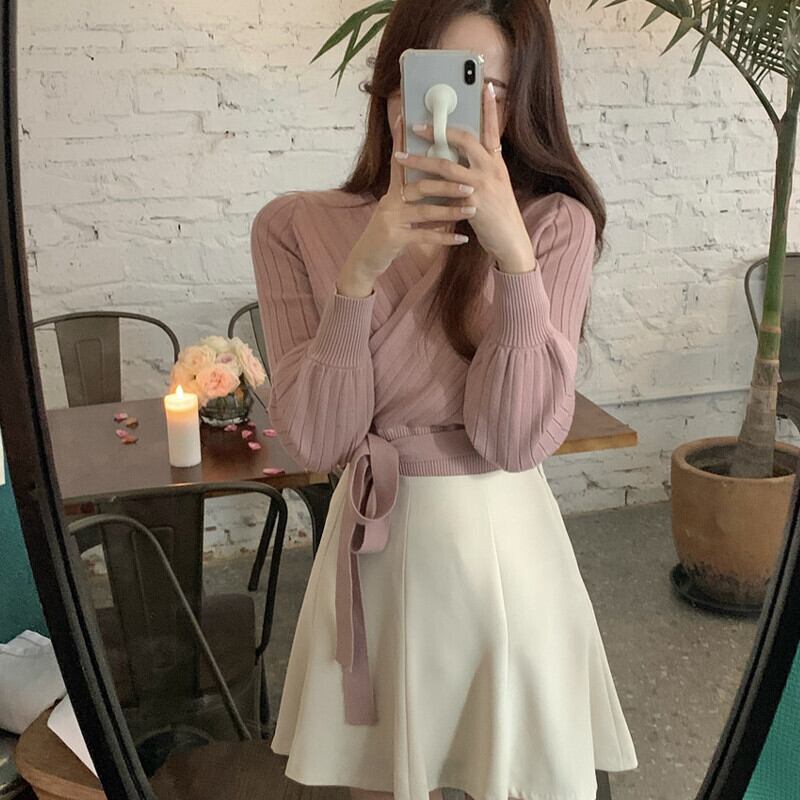 サマースタイルソリッド カラーVネックウェストニットセーター トップス ハイウェストAラインスカート 夏物 ソリッドカラー ガールズファッション38089266515