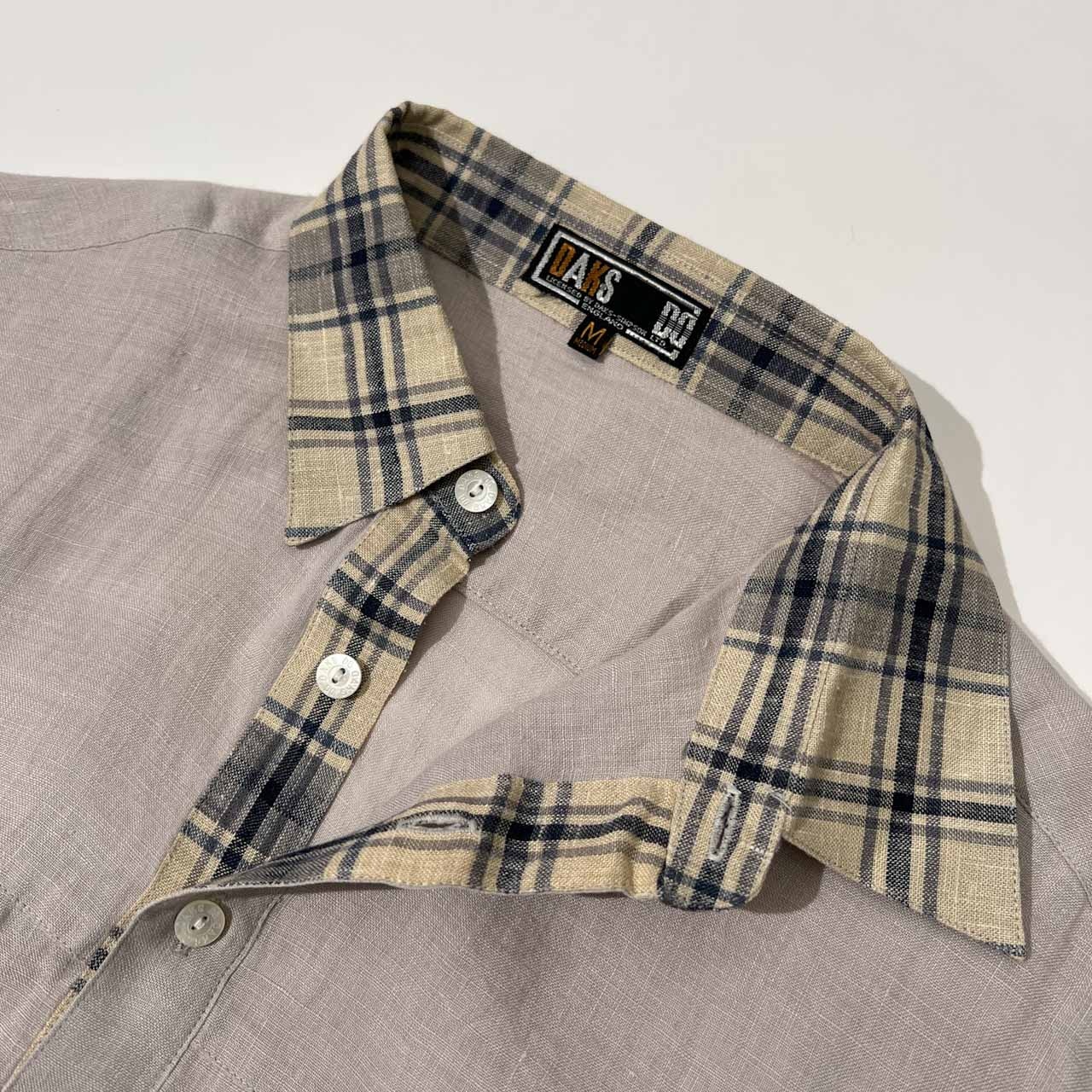 麻100% DAKS GOLF ダックス ゴルフ 襟チェック柄 半袖 リネン ポロシャツ サイズ M /メンズ/グレー系/薄手