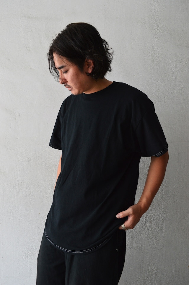 VENTITANK PROJECT US Blank Body Dyed Black White Stitching SS Tee Damage Neck Remade Product ブランクT カスタム 黒染め