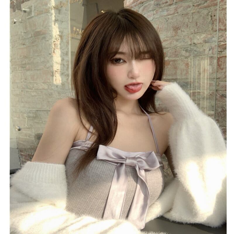 ニットサマーリボンショートトップス ホルターシャツ 夏物 ブラックストロベリース64899240604