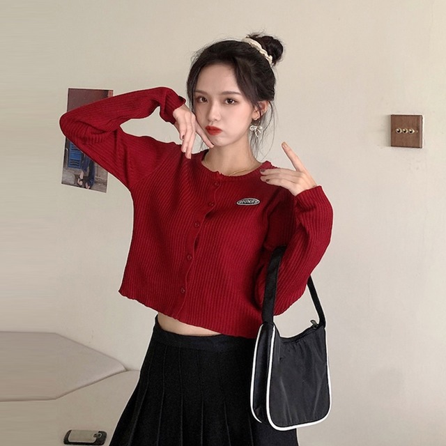 レッドセーター ジャケット スプリングオータム薄手ニットカーディガンクロップドトップス 春物 秋物 試着室53538643732