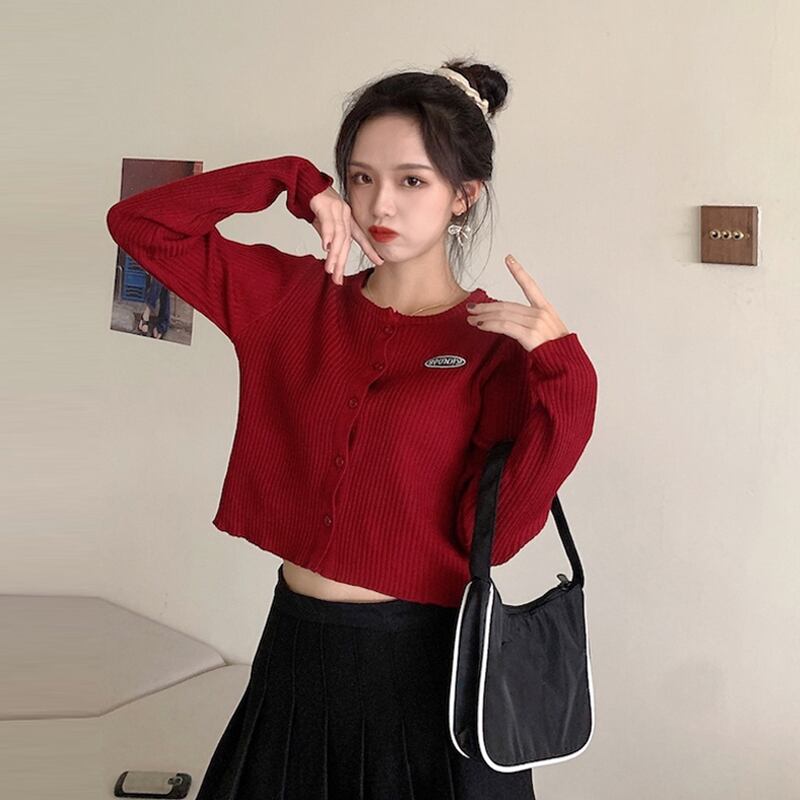 レッドセーター ジャケット スプリングオータム薄手ニットカーディガンクロップドトップス 春物 秋物 試着室53538643732