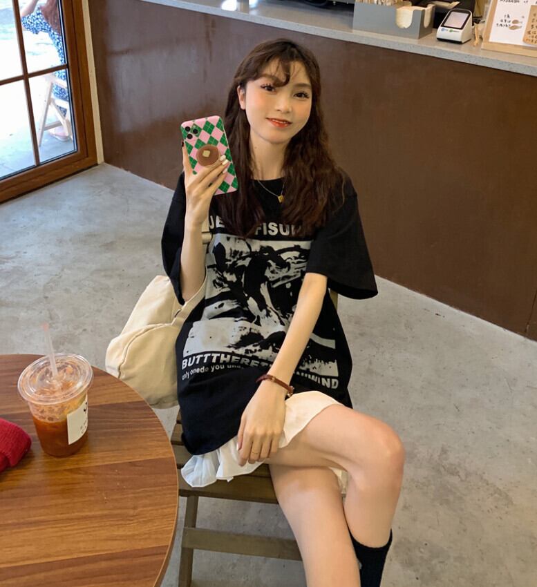 スタイルブラックプリントルーズTシャツ サマー 夏物 モンロー8015366165