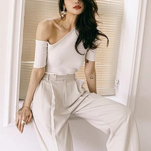 ニットショルダーストラップ五分袖トップス　20847