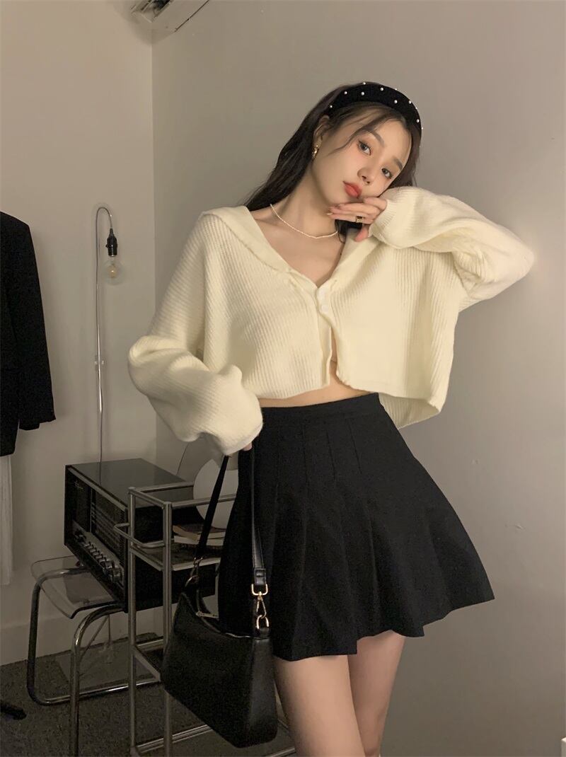 ホワイトショートニットカーディガンオータムセーター コート トップス 秋物 モンロー28993795067