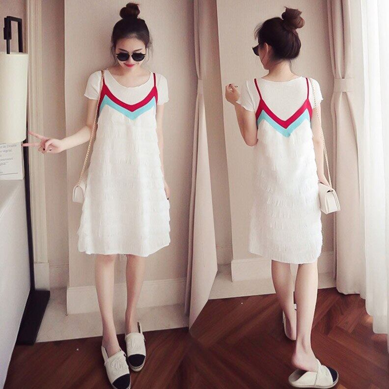 【新作】【送料無料】 マタニティ服半袖Tシャツとフリルスリップドレスカラーブロックルーズスタイリッシュドレス妊婦ママドレス ショート ハーフスリーブ ラッフル AL expec371738202880