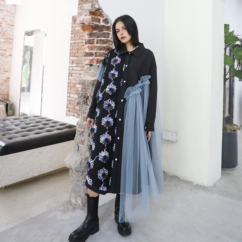 ロングドレス スプリングオータムメッシュスカート 薄手シャツ 大きめサイズ 春物 秋物 ステッチ ラブタオタオダレンハウス6073731466