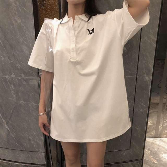 人気 韓国スタイル ポロシャツワンピース 刺繍 フレンチブルドッグ 5分袖 Xu クロスユー