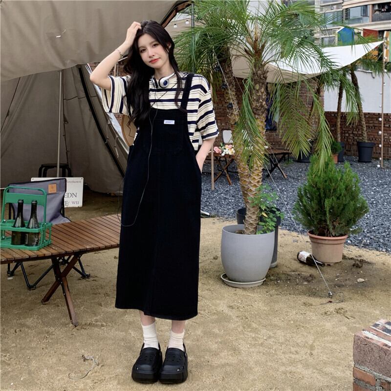 セットアップ ツーピース ボーダートップス ジャンスカ ジャンパースカート デニムサスペンダースカート トレンド シンプル 大人可愛い レトロ 韓国ファッション 2color S Xl Luluca 韓国トレンドファッションluluca ルルカ