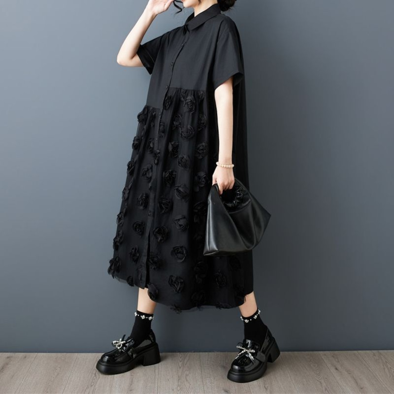 3Dローズ柄 ロング シャツワンピース 30251