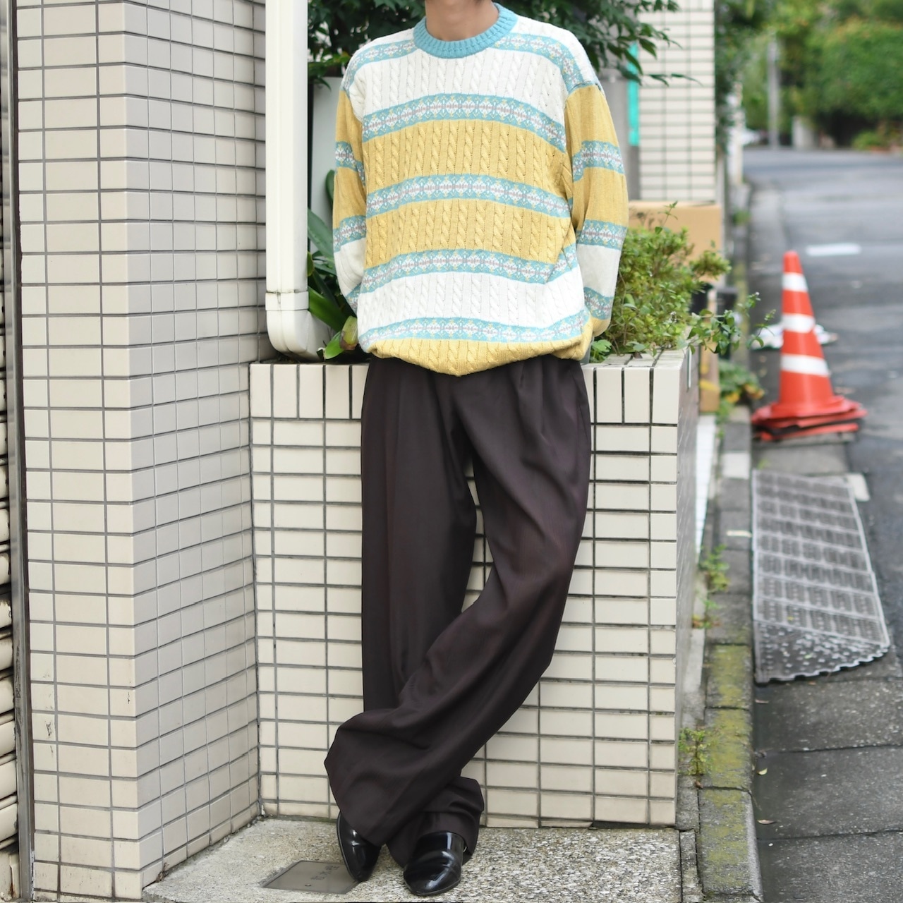 stripe wide slacks brown