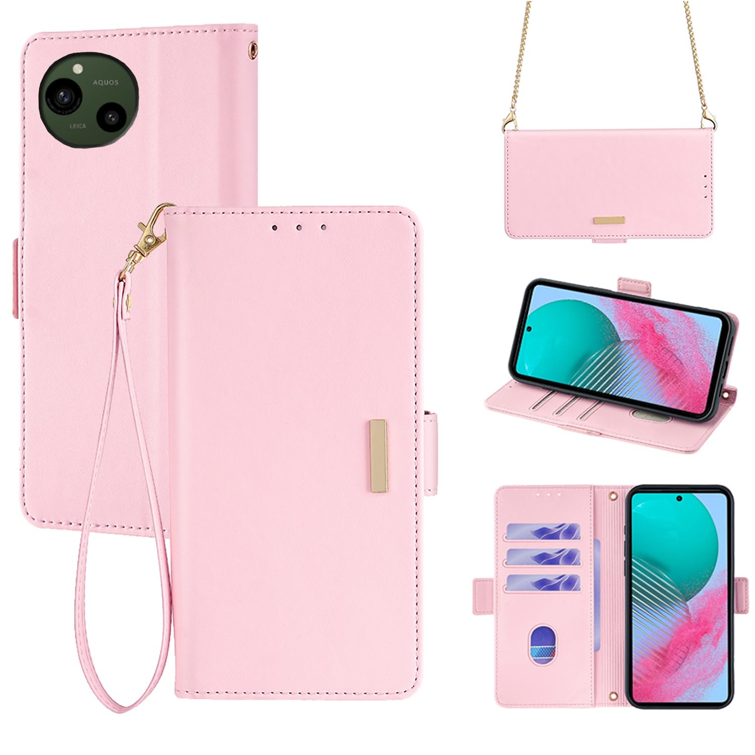 For AQUOS R9 ケース 手帳型 ショルダー For アクオスR9 SH-51E 財布型 カバー ストラップ長+短2本付き 肩掛け 斜めがけ 女性 おしゃれ ロングストラップ カード収納 横置き 上質な手触り 耐汚れ気質 肌感レザー 防指紋 耐久性 贈り物 COCOCLOUD ピンク