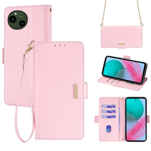 For AQUOS R9 ケース 手帳型 ショルダー For アクオスR9 SH-51E 財布型 カバー ストラップ長+短2本付き 肩掛け 斜めがけ 女性 おしゃれ ロングストラップ カード収納 横置き 上質な手触り 耐汚れ気質 肌感レザー 防指紋 耐久性 贈り物 COCOCLOUD ピンク