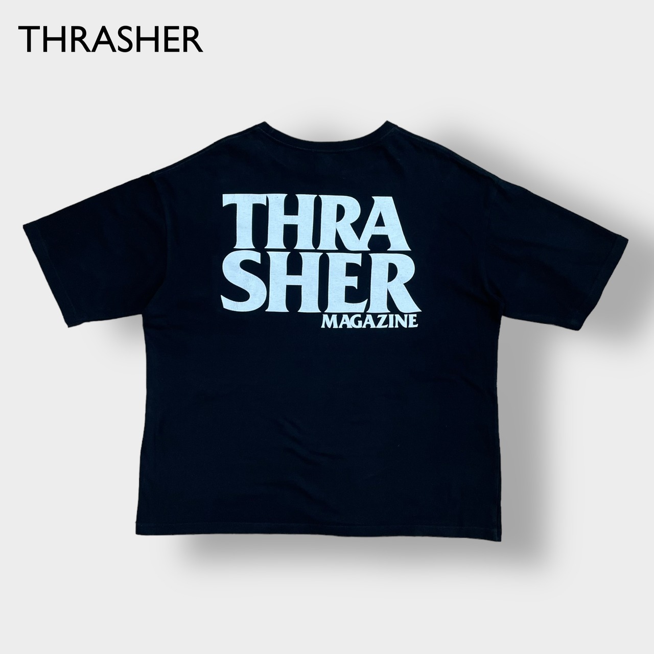 【THRASHER】バックプリント ワンポイント ロゴ ポケットTシャツ ポケt プリント L クルーネック スラッシャー スケボー 半袖 US古着