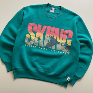 -USED- USA製 "SKIING" WINTER PARK,COLORADO CREWNECK SWEAT -TURQUOISE- [M]