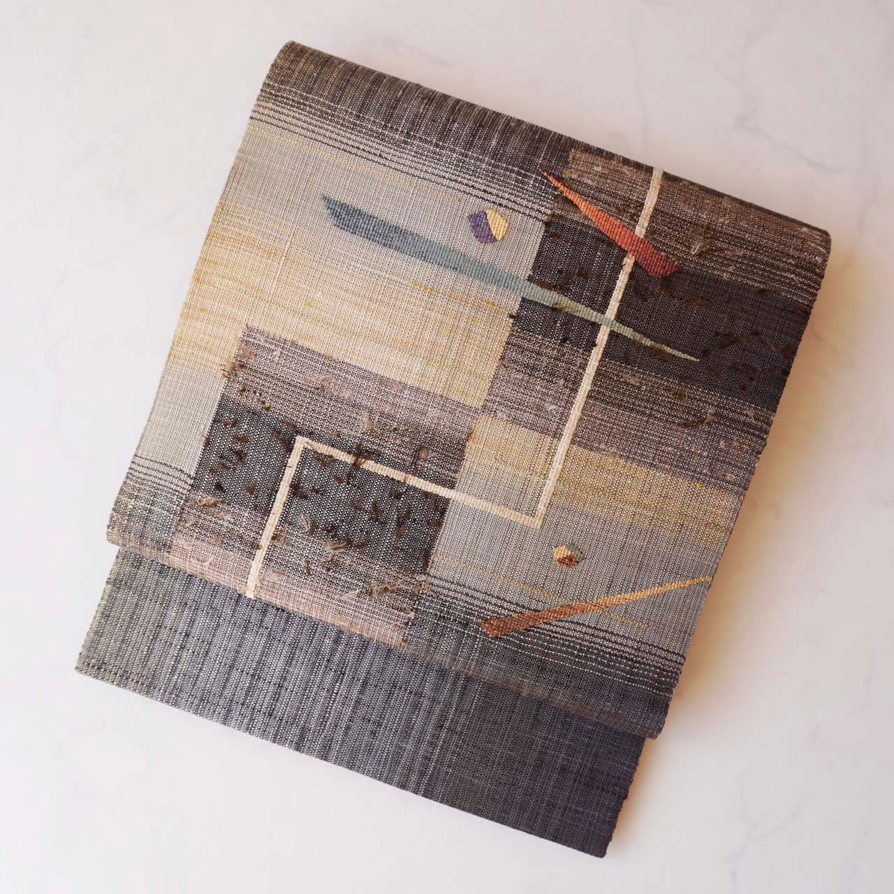 【ふくろ帯】黒鳶色x枯野色地 幾何学抽象文 ふくろ帯