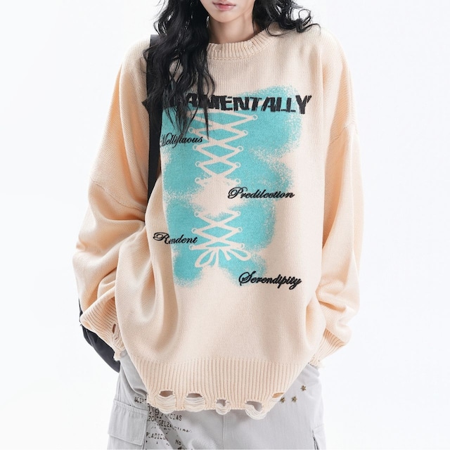 グラフィックレースアップダメージニット 3col R01329