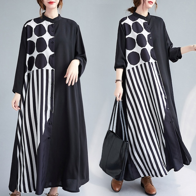 STAND COLLAR PRINT PATCH LONG SHIRT DRESS 1color M-4345