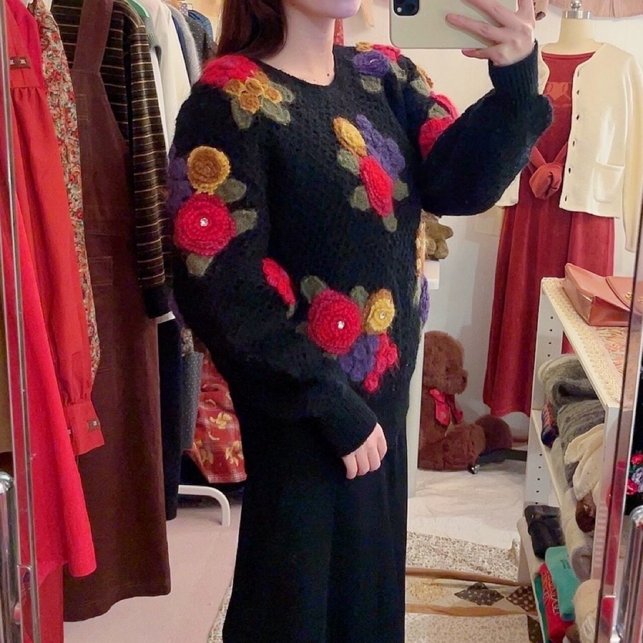 colorful flower stone mesh knit sweater