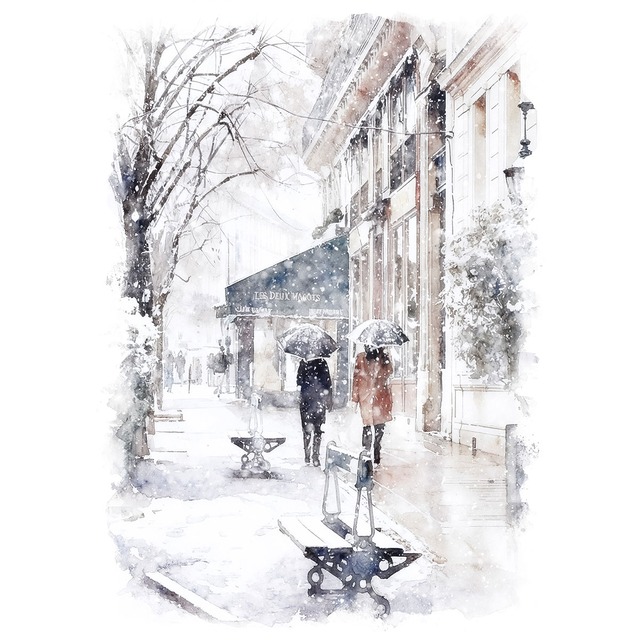 絵画 風景画(街並み) フランス  雪が降るパリ インテリアアート額付き 水彩画・油絵調 WAT0742