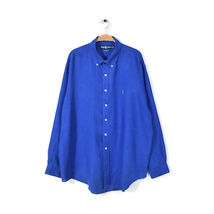 ラルフローレン リネン100% ブルー系 ボタンダウンシャツ 長袖 BDシャツ 大きいサイズ メンズXL RALPH LAUREN 古着 @CA1073