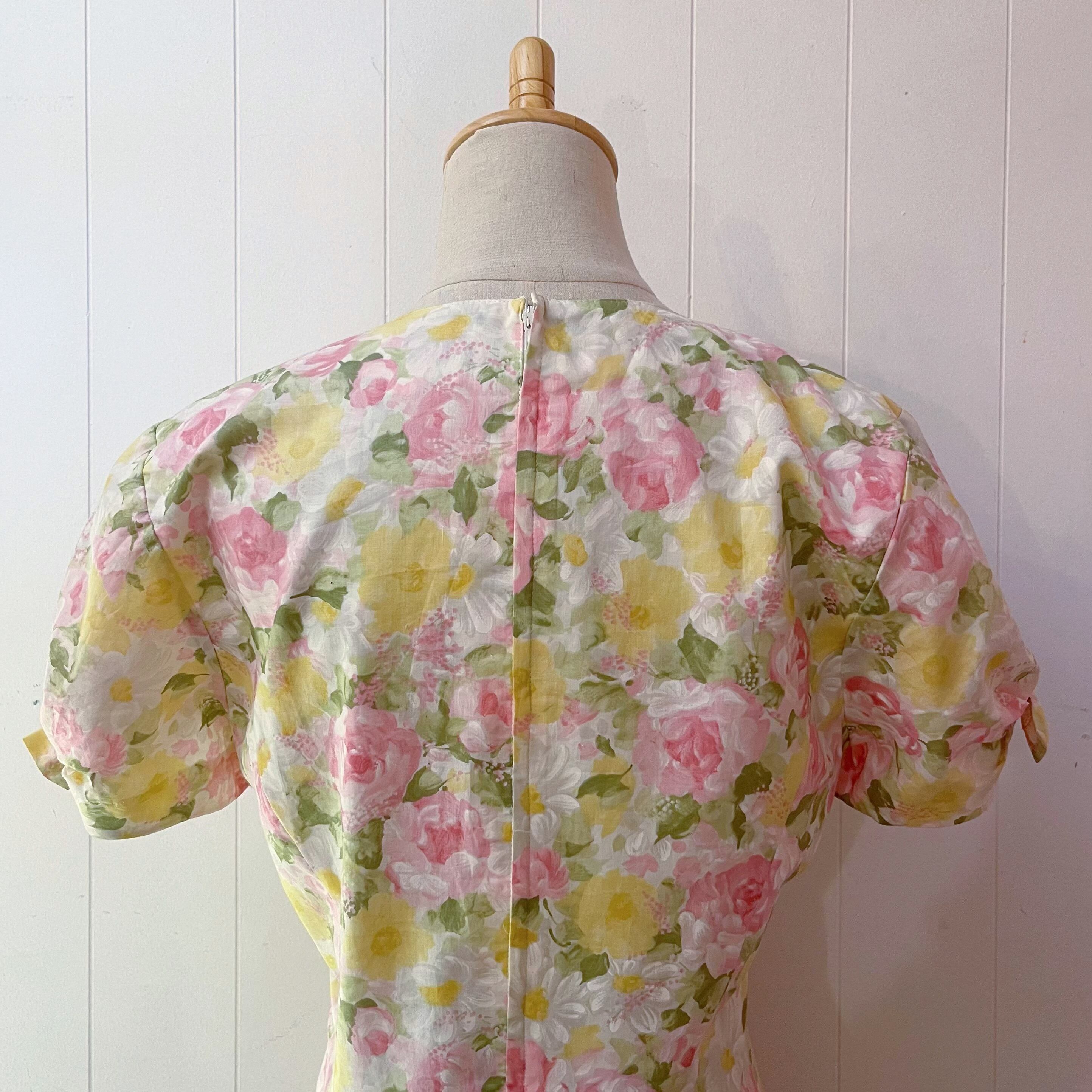 yellow pink flower ribbon sleeve one-piece