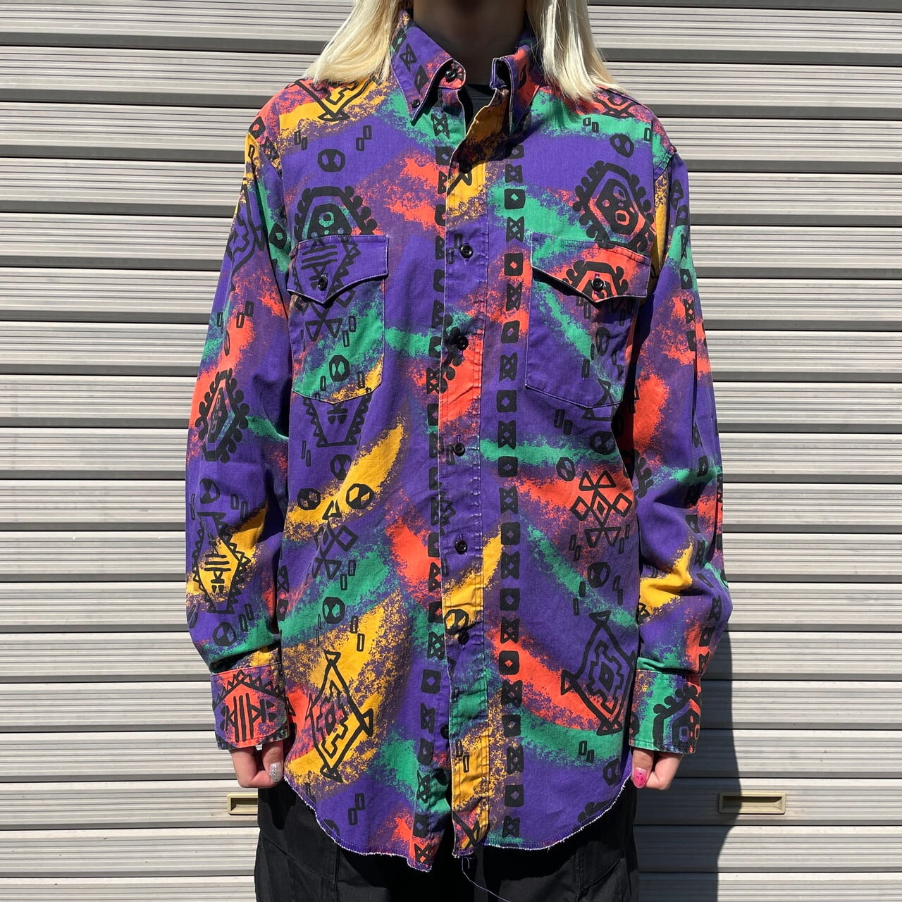 80s USA製 Wrangler ウエスタンシャツ 紺 花柄 M ラングラー