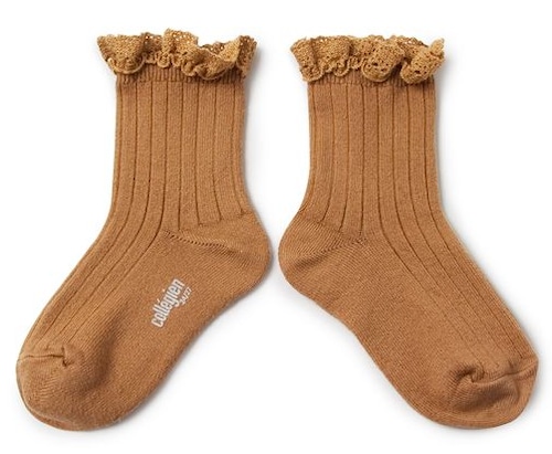 Collegien - Lili Lace Trim Ribbed Ankle Socks / Caramel au Beurre Salé