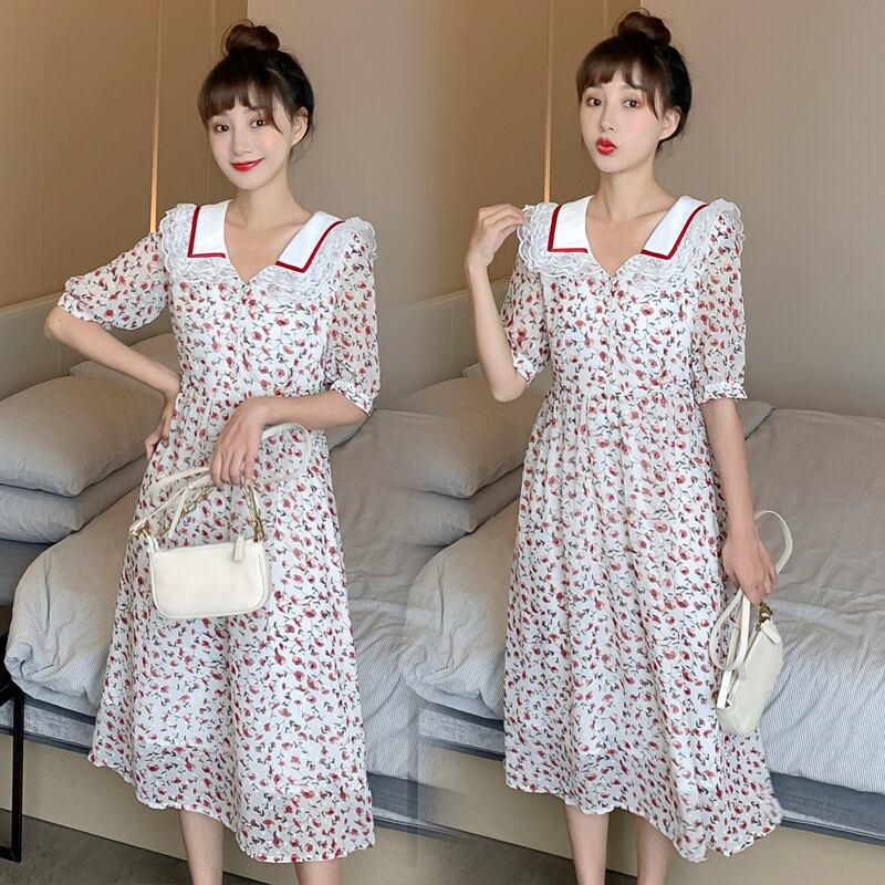 【新作】【送料無料】 マタニティドレス2020夏の新しいシフォンフローラルストークオレンジドレス小さな新鮮な襟ミドル丈マタニティドレス-アリババ サマー 夏物 花柄 expec230585242823