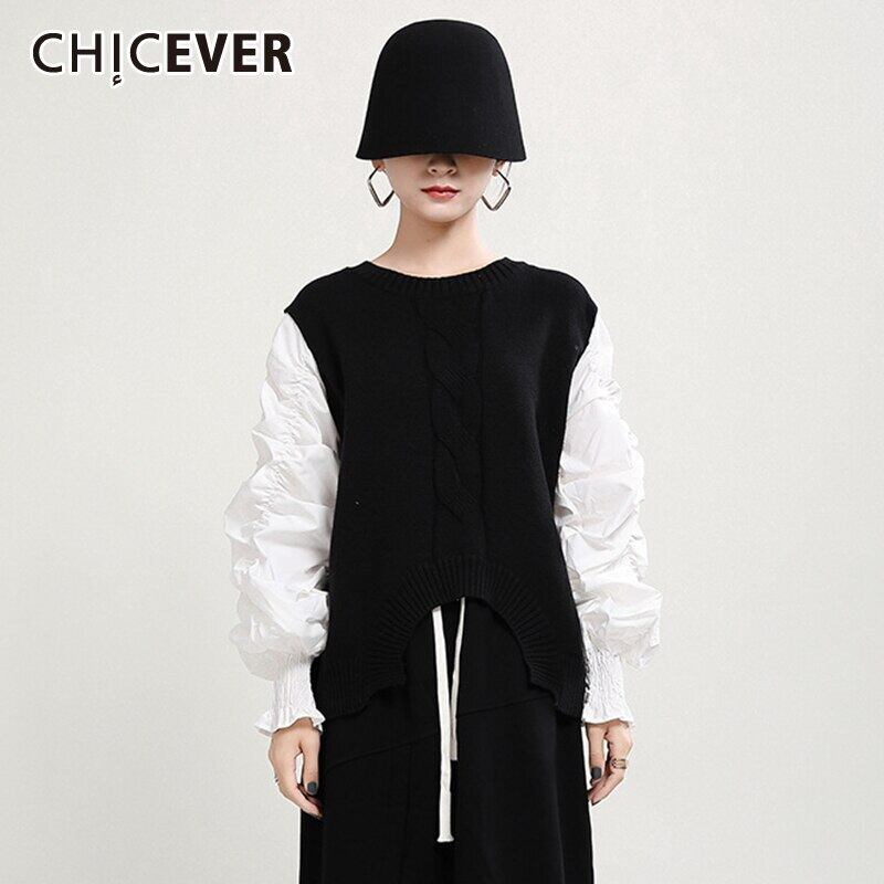 CHICEVERパッチワークシャツレディースOネックロングランタンスリーブヒットカラールーズニットブラウス 6base573475394367