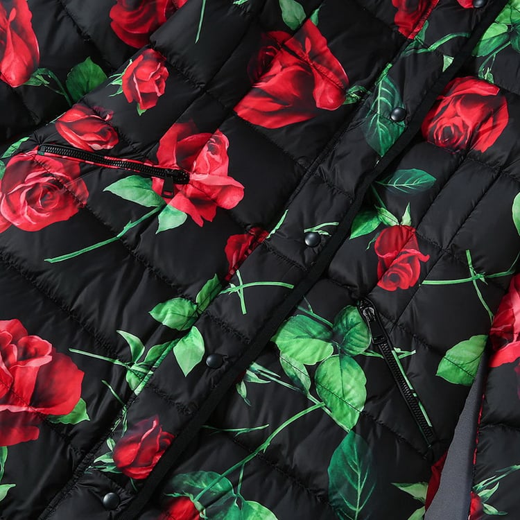 コート 薔薇 ブラック 花柄 ダウン XL ロング フード 赤 黒 コート 薔薇 ブラック 花柄 ダウン XL ロング フード 赤 黒